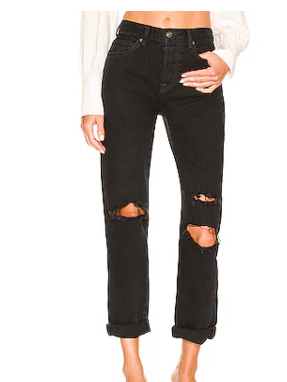 Free People Black Distressed Boyfriend Jeans